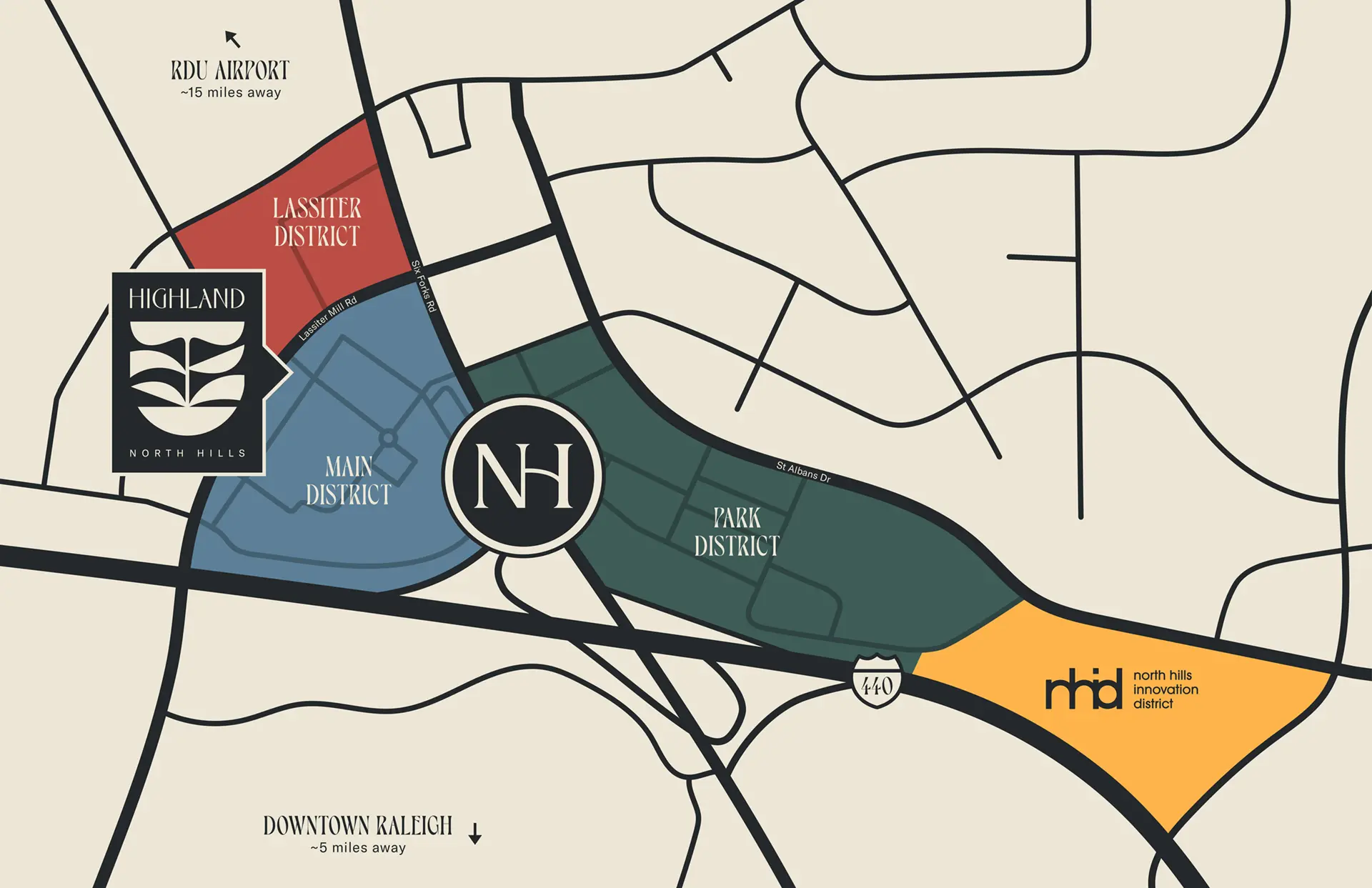 map of North Hills in Raleigh, NC, showing Highland in Main District with nearby Lassiter District, Park District, and North Hills Innovation District.